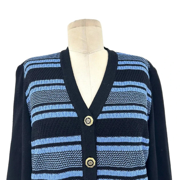 St. John Collection Santana Knit Black Blue Stripe‎ Cardigan Sweater Size 4 - Picture 2 of 8